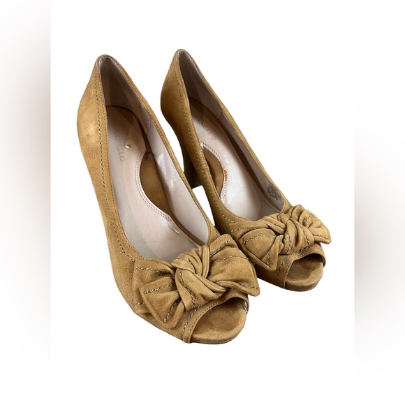 Tignanello Sonja 3.5" Heels, Suede -9.5, Bow Peep Toe Honey Color 1940's Style - Picture 6 of 6